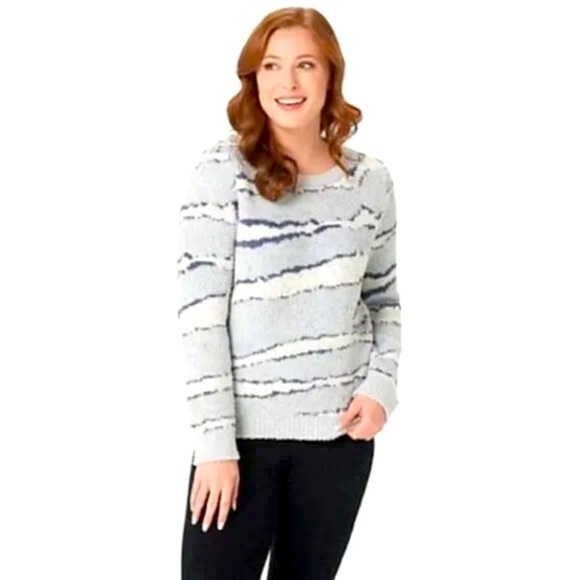 Barefoot Dreams CozyChic Seaside Crewneck Pullover Sweater in Ocean Zebra Blue - Picture 1 of 5